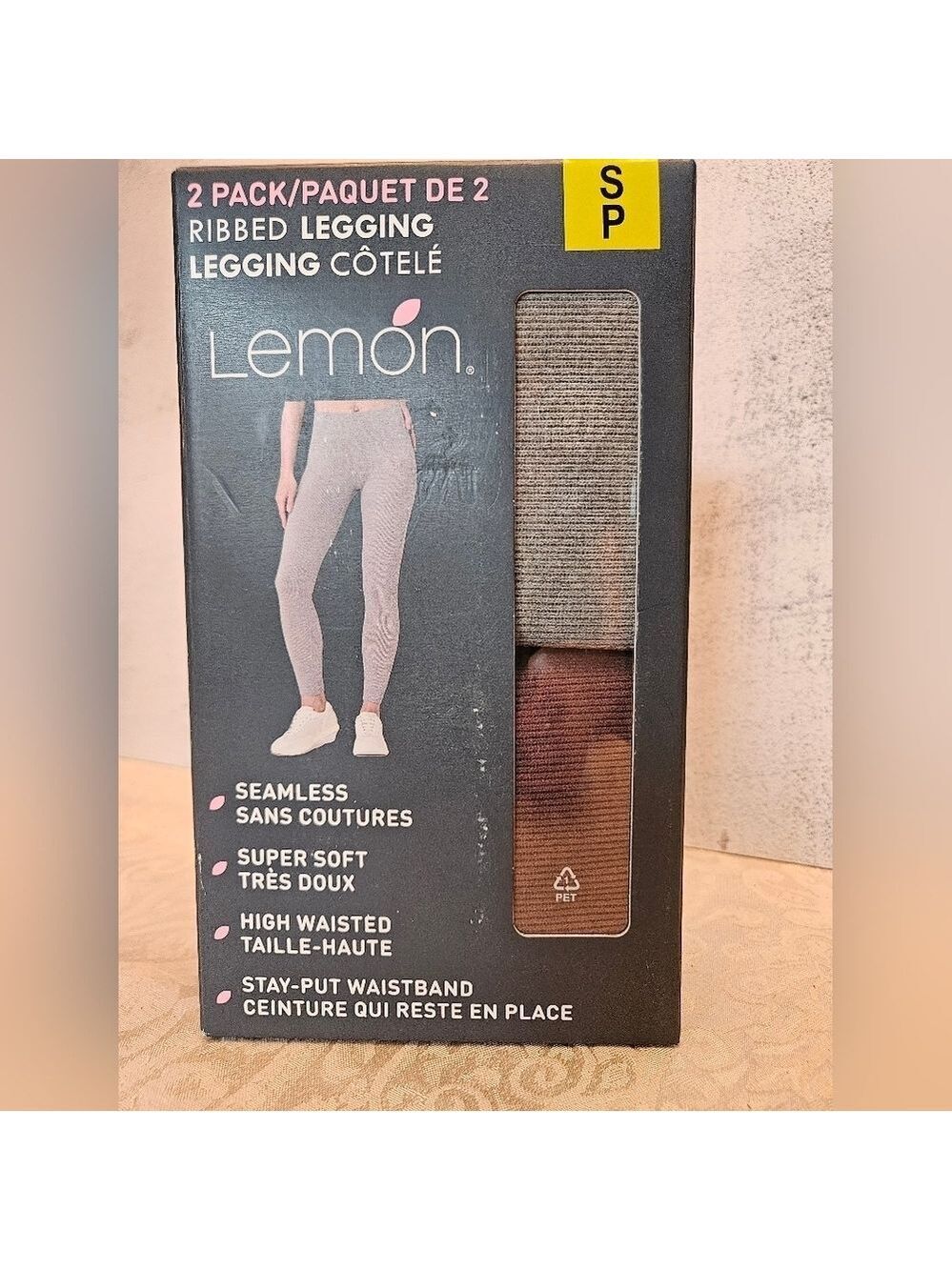 New in Box Lemon Women's Ribbed Leggings, 2-pack, Grey & Brown Small, High Waist